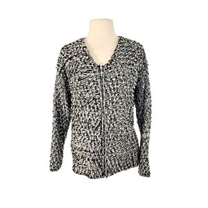 Tobi Black & White Loop Knit Zip Up Cardigan Sweater